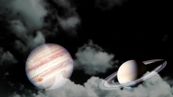 Saturno e Giove risalgono silhouette nube sul cielo notturno è fenomeno raro — Video Stock