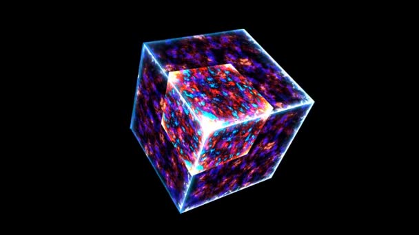 Poderosa fusão de cubo de parafuso de gelo mágico e energia violeta mistério superfície de energia e eterno cubo de chama no núcleo — Vídeo de Stock