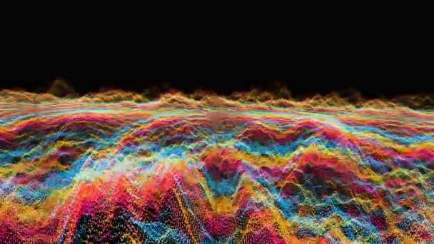 Futuristické abstraktní červená modrá žlutá vlnová koule kmitání, vizualizace vlna technologie digitální povrch s částicemi hvězdy — Stock video