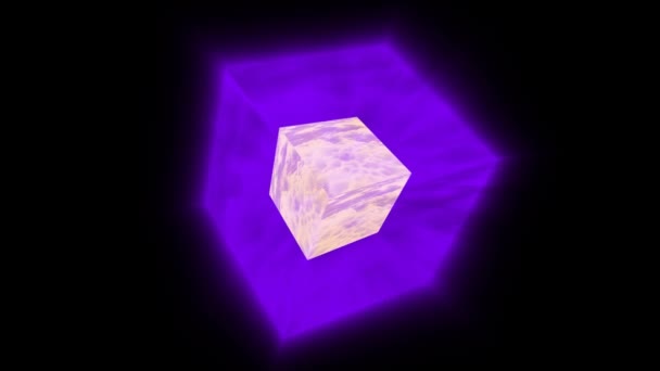 Futuristische abstrakte Würfel lila glühen braun fliegen über Wellenform Ton Audio Musik Ball Oszillation, Visualisierung Wellen-Technologie digitale Oberfläche — Stockvideo