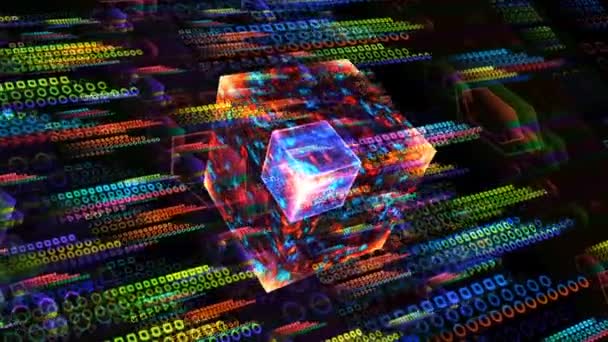 Quantum computer core futurista tecnologia digital camada dimensão holográfica processo e análise para big data e abstrato laranja zona polígono fundo — Vídeo de Stock