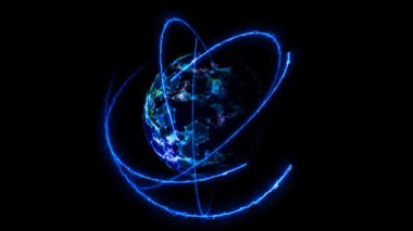 Güvenlik fütüristik akıllı dijital çekirdekli atom altı çizgi mavi gök gürültüsü enerjisi sonsuzluğunda hareket ediyor