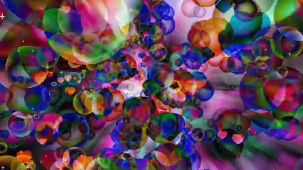 Donker abstracte dimensie regenboog bubbels met dansende harten zweven op zwart scherm met witte ster thema Valentijnsdag en liefde beweging — Stockvideo