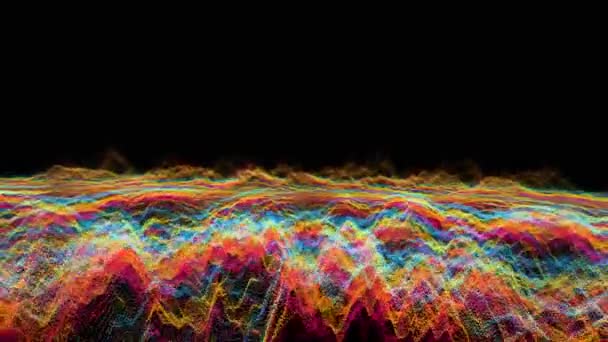 Futuristisk abstrakt grön röd glöd gul och mörkblå fluga panorering vågform ljud musik boll svängning, visualisering våg teknik digital yta — Stockvideo
