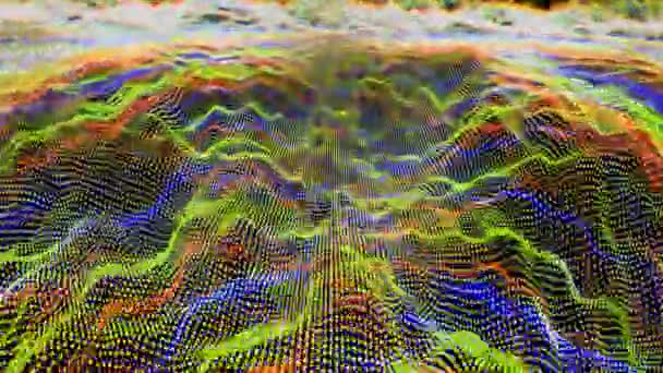Futurista abstracto verde rojo resplandor amarillo y azul oscuro volar sobre forma de onda sonido música bola oscilación, visualización onda tecnología superficie digital — Vídeo de stock