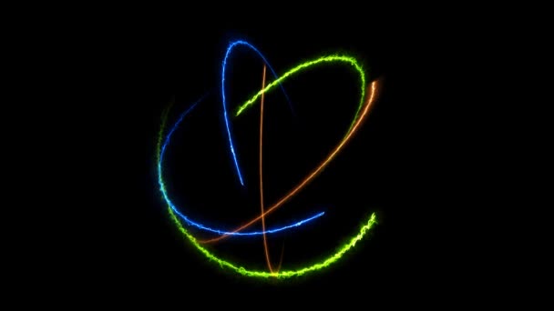 Atom roteren bewegen door oneindigheid van oranje vuur groene natuur en blauwe donder energie — Stockvideo