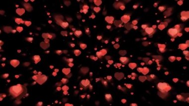 Milyonlarca kırmızı kalp parçacığı ve element yukarı ve aşağı ölçekte hızlı göz kırp ve ışınla siyah ekranda, Sevgililer Günü teması
