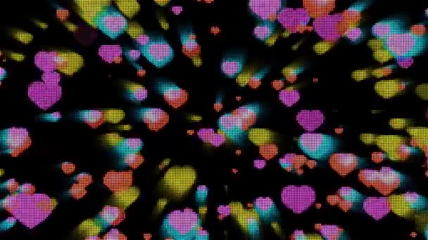 Millió színes szív részecskék labda és elem fel-le skála gyors pislogás és sugár a fekete képernyőn, szerelem téma — Stock videók