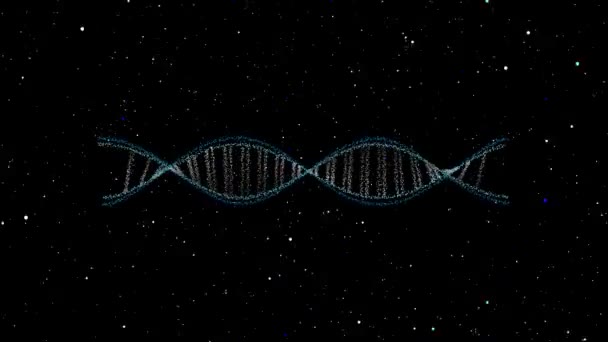 Структура ДНК наука біотехнологія анімація 3D обертання і сині білі частинки клітини рухаються навколо — стокове відео