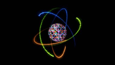 kuantum fütüristik bilgisayar animasyonu soyut pastel ton ton ışık küresi ve açık mavi çekirdekli atom sonsuz turuncu ateş yeşil doğa ve mavi gök gürültüsü enerjisiyle hareket ediyor