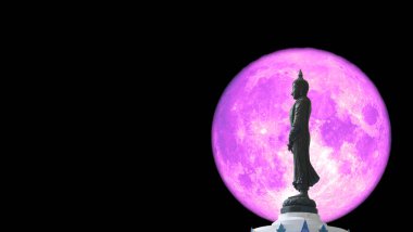 Full pink moon and Buddha looking seven day style on the night sky, Makha Bucha Day is held full moon day on february or march clipart