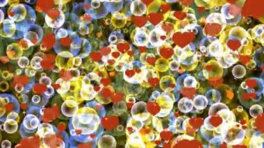 Siyah ekranda yüzen altın ve mavi baloncuklu koyu kırmızı kalpler. Beyaz yıldız temalı sevgililer günü ve aşk filmi.