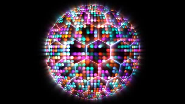 Шістнадцяткова футуристична технологія на фоні сфери м'яча візуалізації хвилі цифрового поверхневого фону, анімація абстрактного веселкового точкового світла та хвильових коливань часток променів — стокове відео