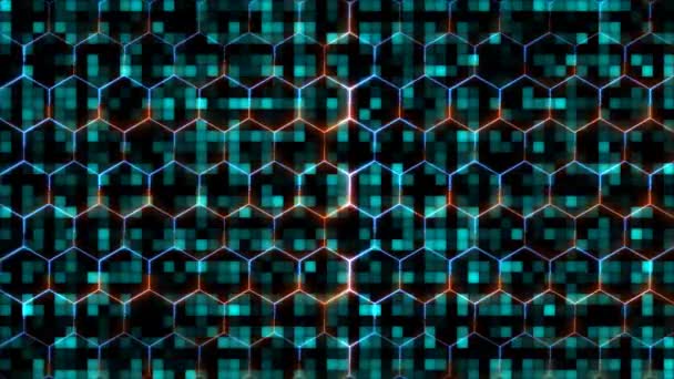 Hexagon en rood blauwe laser animatie dekking en bescherming en visualisatie golftechnologie, abstracte lichtblauwe toon vierkante lichtdeeltjes patroon golfvorm oscillatie digitale oppervlak — Stockvideo