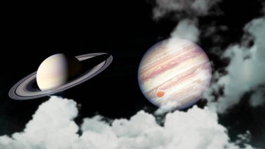 Satürn ve Jüpiter gece gökyüzünde siluet bulutu, NASA tarafından desteklenen bu görüntünün elementleri