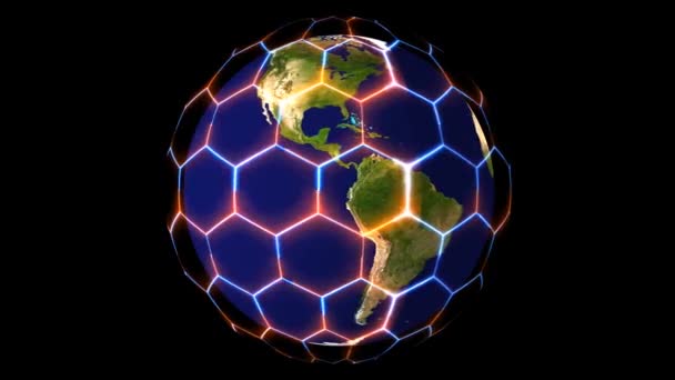 Capa e proteção de animação a laser azul hexágono e vermelho e mapa do mundo com varredura de longitude de latitude — Vídeo de Stock