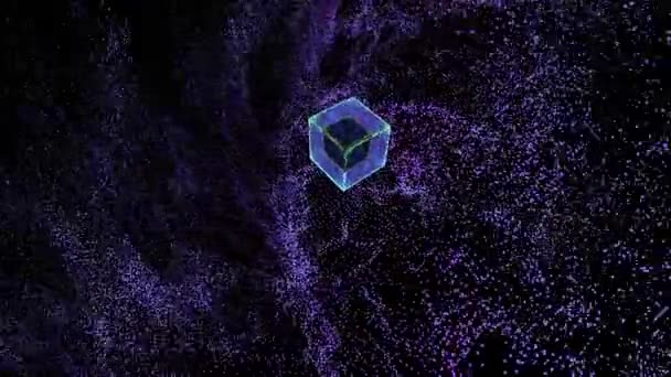 Cuantic calculator cub abstract și particule violet tehnologie digitală de date mari în mișcare în jurul valorii de — Videoclip de stoc