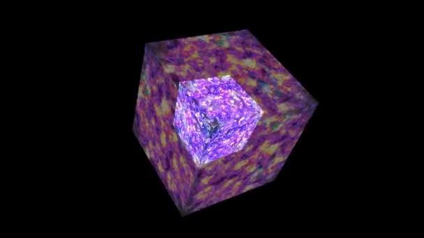 Dubbele kubus kubus mysterie abstract gloeien vloeibare energie vol vermogen violet paars en donkere lijn oppervlak — Stockvideo