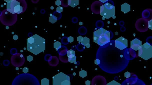 Blur bubbles purple blue color hexagon multi size flying motion on black screen background — Stock Video