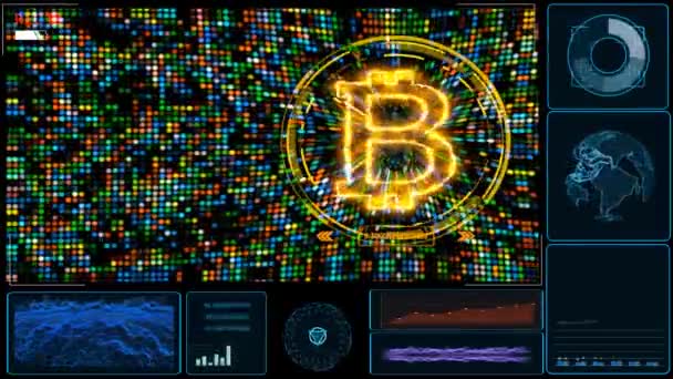 Bitcoin криптовалюта и монитор цифрового CCTV заблокирован график бар радар обнаружено нападение ransomeware и шифрования колебания эффект текстового покрытия на экране — стоковое видео