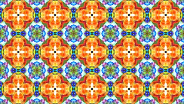 Üçlü kırmızı sarı dev çiçek, beyaz yıldızlı mavi polen ve yeşil çiçek kaleydoskop yansıma desenli arka plan