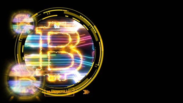 Criptomoneda Bitcoin Futurista Transferencia Láser Digital Colores Sobre Fondo Negro —  Fotos de Stock