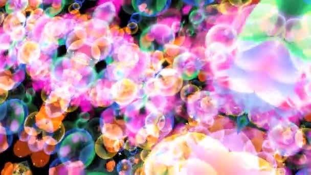 Abstract dimension rainbow bubbles with dancing hearts floating on black screen with white star theme valentine day and love motion — Stock Video