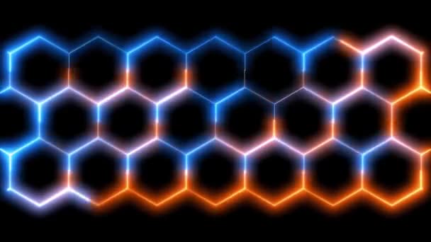Hexagon och röd blå laser och digitalt låsskydd, tråd energi mönster vägg skydd — Stockvideo