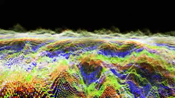 Futurystyczny abstrakcyjny czerwony zielony granatowy waveform balowy oscylacja, wizualizacja fala technologia cyfrowa powierzchnia z cząstek gwiazd — Wideo stockowe