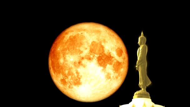 Super Full blood moon and Buddha looking seven day style on the night sky, Visakha Bucha Day, or Day of Vesak is held full moon day on May or June — Stock Video
