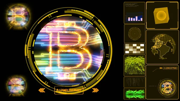 Bitcoin Criptomoneda Espacio Copia Hud Monitor Teseracto Gráfico Monitor Digital —  Fotos de Stock