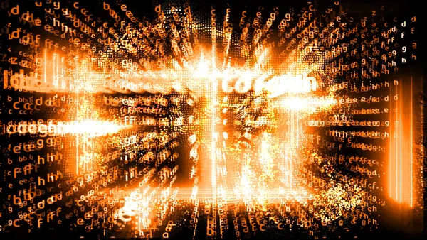 右の関係電源ブロックチェーン上の量子コンピュータ未来抽象レーザーと黒の背景に垂直マトリックスアルファベットの寸法 — ストック写真
