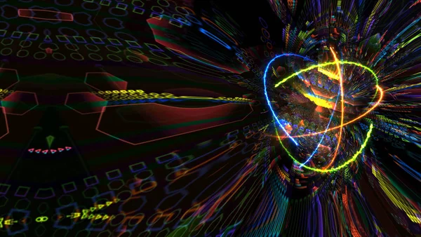 量子磁光蓝核和未来主义计算机动画的抽象背景 橙色火焰绿色本质和蓝色雷电原子运动无穷 — 图库照片
