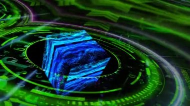 Yeşil dijital küp yansıması olan kuantum fütüristik teknoloji bilgisayarı soyut karanlık mağara dalgalanması ses müzik salınımı