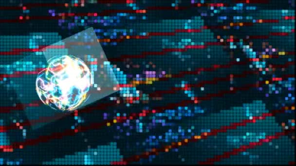 キューブ量子コンピュータデータ未来的な技術ビッグデータと抽象的な多角形の背景のためのデジタルカラフルなスポットライトホログラフィックプロセスと分析 — ストック動画