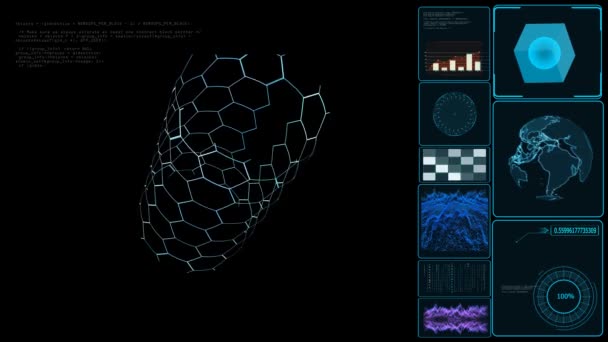 Šestihranná digitální struktura budoucnosti podmořského kabelu na monitoru s datovým procesorem a analýzou — Stock video