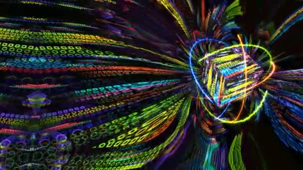 Квантово-магнитное светло-голубое ядро и футуристическая компьютерная анимация абстрактный фон с бесконечностью оранжевого огня зеленой природы и синей энергии грома движущийся атом — стоковое видео