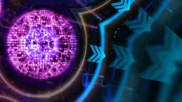 Reflektion kärna milllion spot ljus och hexagon tråd kvantumfuturistiska datateknik rotera med digital matris mall och laser — Stockvideo