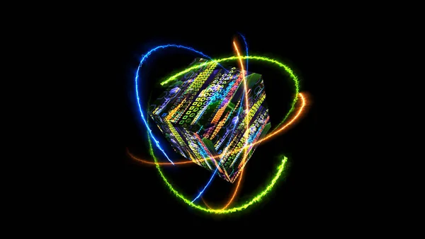 量子コンピュータコア抽象未来技術デジタル層次元ホログラフィックプロセスと謎ダークブルー波キューブ空のコアエネルギー表面と原子が無限大に移動 — ストック写真