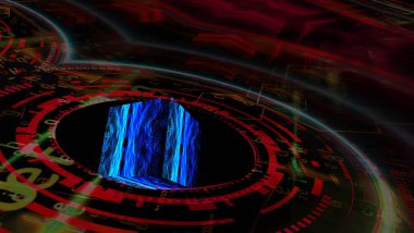 Dijital küp yansıması olan kuantum fütüristik teknoloji bilgisayarı soyut siyah dalga formu nokta nokta ışık salınımı