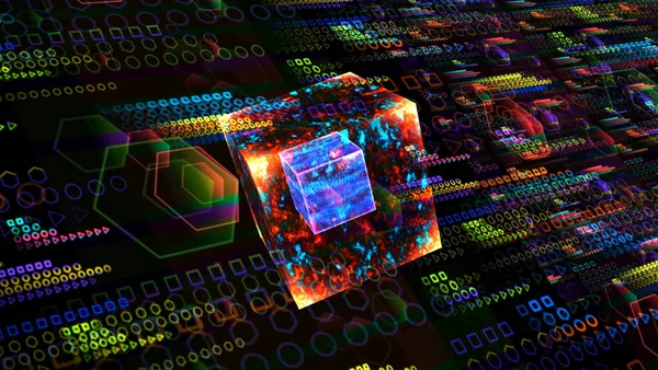 Quantum computer core futuristic technology digital layer dimension holographic process and analysis for big data and abstract orange zone polygon background