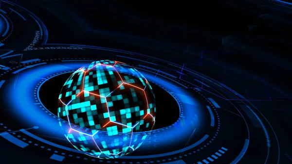 Quantum futuristic technology computer with digital blue sphere and hexagon and red blue laser wire animation cover and protection