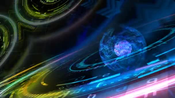 Núcleo colorido abstrato núcleo explosivo e tecnologia de computador futurista quântica com modelo de matriz digital e laser — Vídeo de Stock