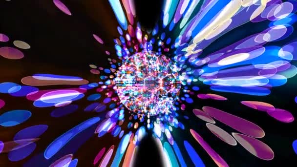 Tecnología futurista hexágono en esfera bola visualización onda superficie digital araña arco iris oscuro reducir tamaño borroso burbuja reflexión dimensión bokeh pantalla fondo — Vídeo de stock