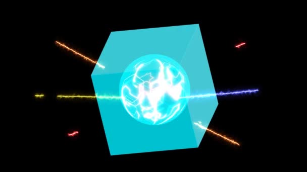 Cubo de dimensão abstrata com núcleo poderoso e energia laser enviando para dentro — Vídeo de Stock