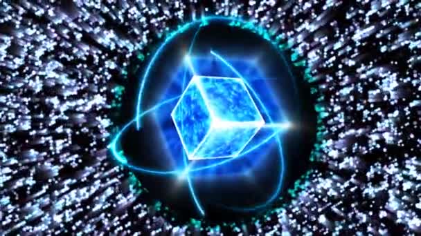 Mistero blu scuro onda cubo vuoto core energia superficie e atomo in movimento da infinito energia bagliore particelle modello forma d'onda oscillazione veloce mossa, visualizzazione onda tecnologia superficie digitale — Video Stock