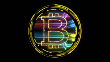Bitcoin kripto para birimi ve fütüristik gökkuşağı dijital lazer transferi siyah izole arkaplan