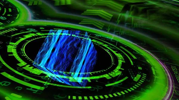 Quantum futuristic technology computer green ring with digital cube reflection abstract dark waveform dot spot light oscillation