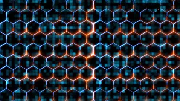 Hexagon en rode blauwe laser animatie dekking en bescherming en visualisatie golftechnologie digitale oppervlak achtergrond, abstracte blauwe toon vierkante lichtdeeltjes patroon golfvorm oscillatie — Stockvideo