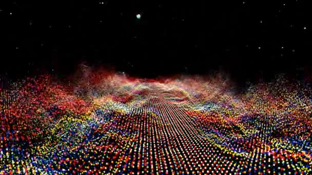 Φουτουριστικό αφηρημένο κόκκινο κυανό κίτρινο κυματοειδές ταλάντωση μπάλα, ψηφιακή επιφάνεια τεχνολογίας οπτικοποίηση κύμα με σωματίδια αστέρια — Αρχείο Βίντεο